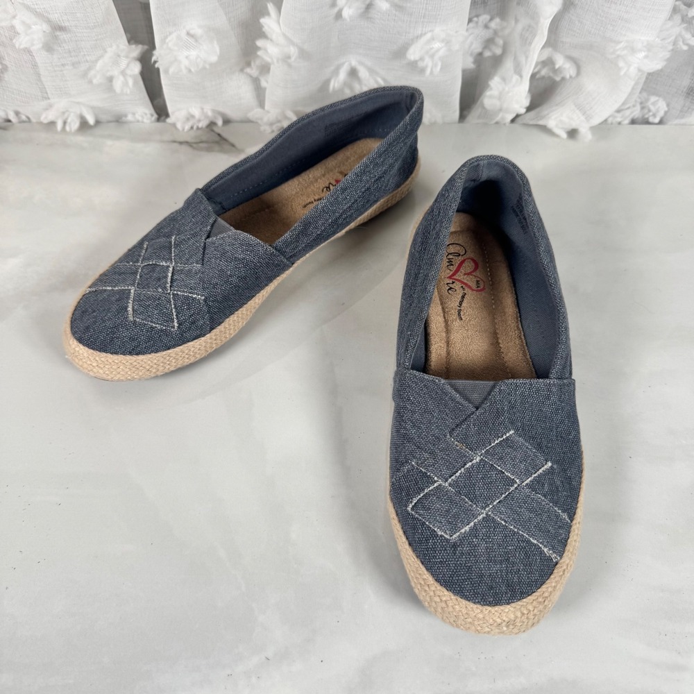 MIA Amore Blue‎ Denim Woven Flats Tan Braided Outsole Memory Foam Insole 8.5W
